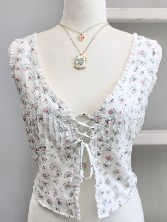 Bailey Rose Tops - Bailey Rose Floral Lace-Up Pleated Lace Open Crop Top Tank White Size Large